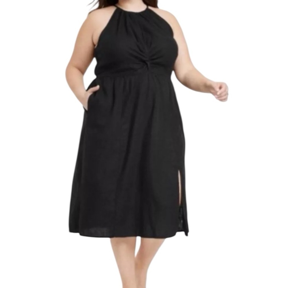 Ava & Viv Sleeveless High Neck Linen Blend Midi Dress Black 1X